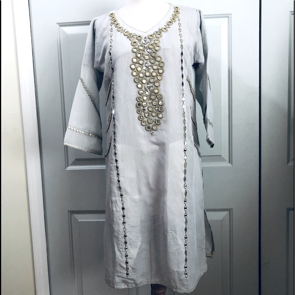 Kurta Embroidered Embellish Gold Beads Mirror Tunic Dress